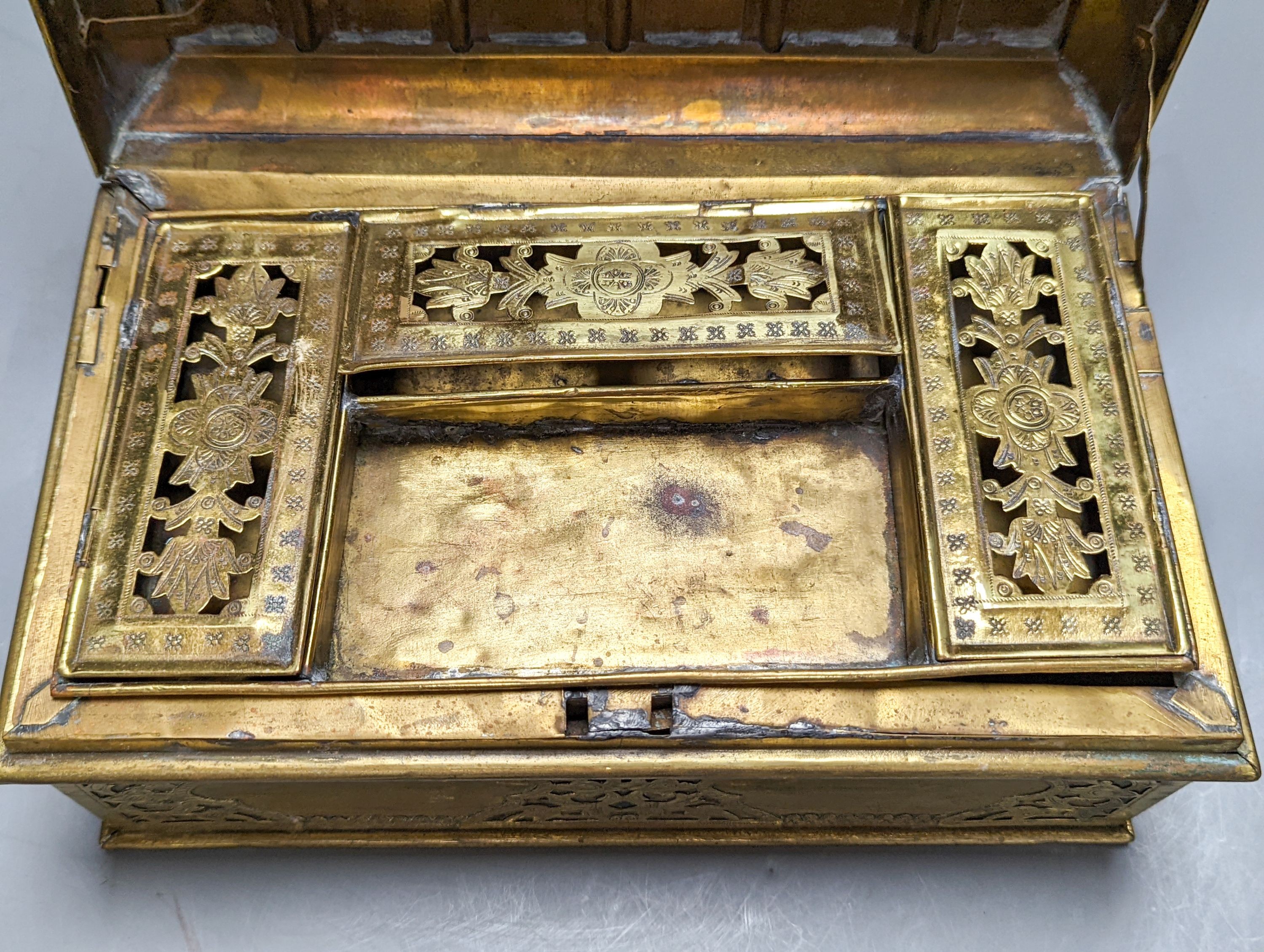 A Middle Eastern engraved brass box 30cm